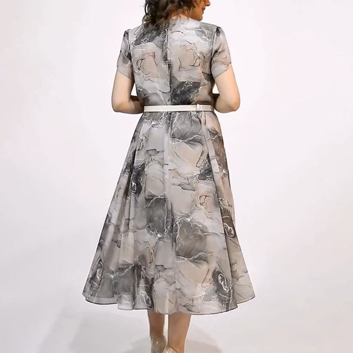 Vestido midi elegante de manga corta con cuello redondo para mujer-ES