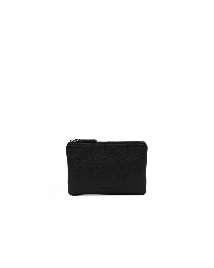 A small black leather zip pouch with a pebbled texture, shown against a plain white background.