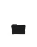 A small black leather zip pouch with a pebbled texture, shown against a plain white background.