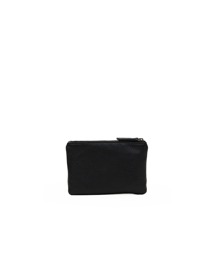 A small black pebbled leather zip pouch with a top zipper pull, shown against a plain white background.