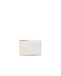 A small off-white leather zip pouch with gold-tone hardware, centered on a plain white background.