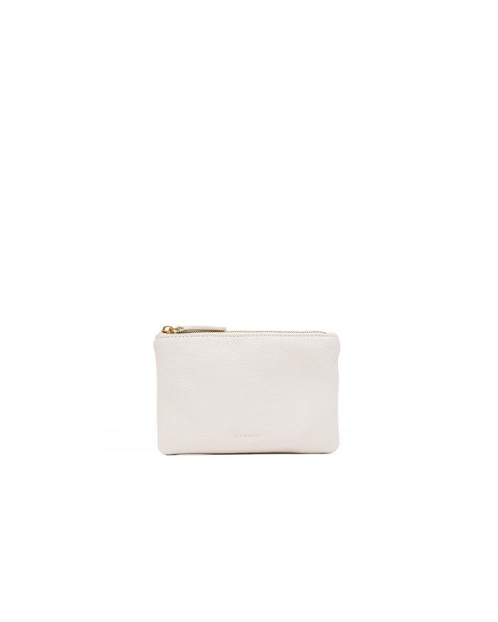 A small off-white leather zip pouch with gold-tone hardware, centered on a plain white background.
