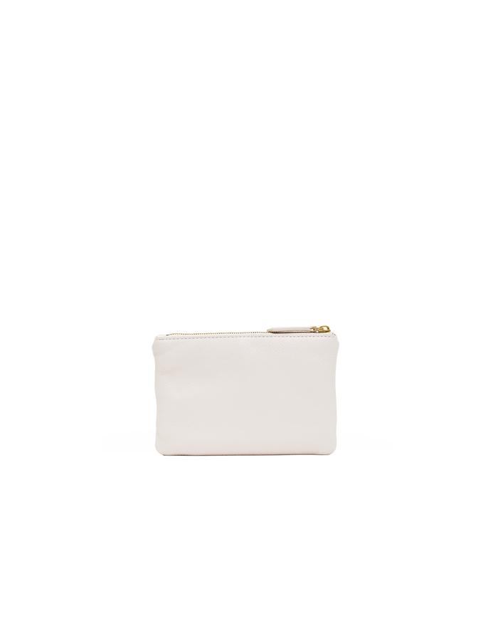 A small off-white leather zip pouch with a gold zipper pull, centered on a plain white background.