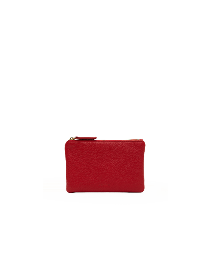 A small red pebbled leather zip pouch with gold-tone hardware, centered on a plain white background.
