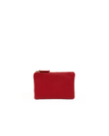 A small red pebbled leather zip pouch with gold-tone hardware, centered on a plain white background.