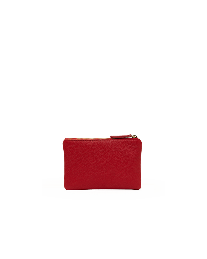 A small red leather zip pouch with a pebbled texture and a gold-tone zipper pull, centered on a plain white background.