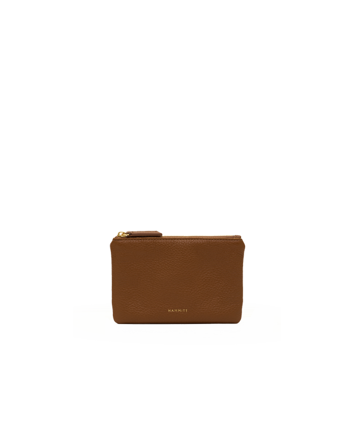 A small brown leather zip pouch with gold-tone hardware and a debossed MARCI logo on the front, centered against a plain white background.