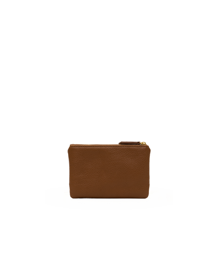 A small brown leather pouch with a gold zipper pull, shown against a plain white background.