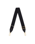 A black fabric camera strap with gold-tone hardware, featuring a repeating monogram pattern and adjustable buckle.