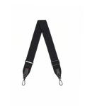 A black fabric camera shoulder strap with silver metal clips and silver adjustment sliders, laid out in a V-shape.
