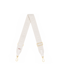 A light beige fabric shoulder strap with gold-tone hardware, featuring a repeating monogram pattern and adjustable metal buckles.