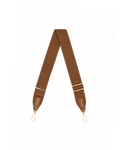 A brown fabric shoulder strap with gold-tone metal hardware, including swivel clips and adjustment sliders, laid out in a V-shape.